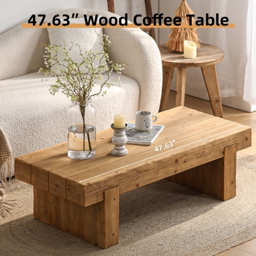 47.6 Inch Farmhouse Coffee Table, Solid Wood Rectangular Rustic Cocktail Table for Living Room Home Office, Natural Wood