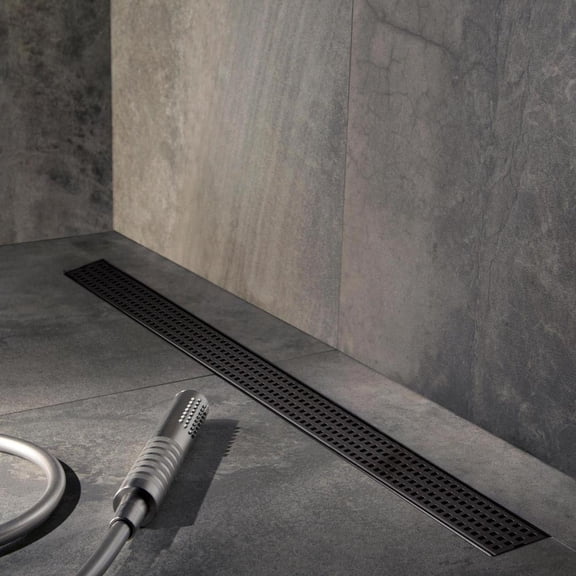 47.6-Inch Linear Shower Drain with Quadrato Pattern Grate, Brushed 304 Stainless Steel Rectangle Shower Floor Drain, Linear Drain with Leveling Feet, Floor Hair Strainer
