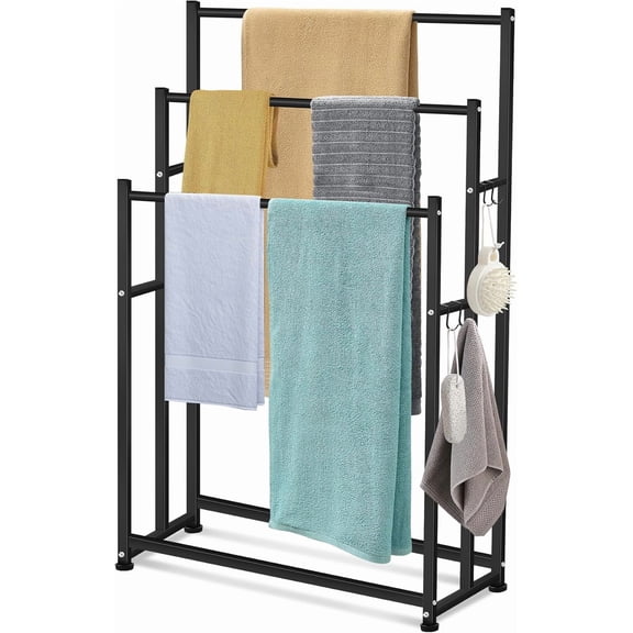 47.6 Inch Tall Free Standing Towel Racks 3 Tier Pool Towel Rack Outdoor Oversized Floor Bath Towel Drying Valet Holder Blanket Quilt Rack Stand for Bathroom Bedroom Beach Hot Tub Gym Pool Area