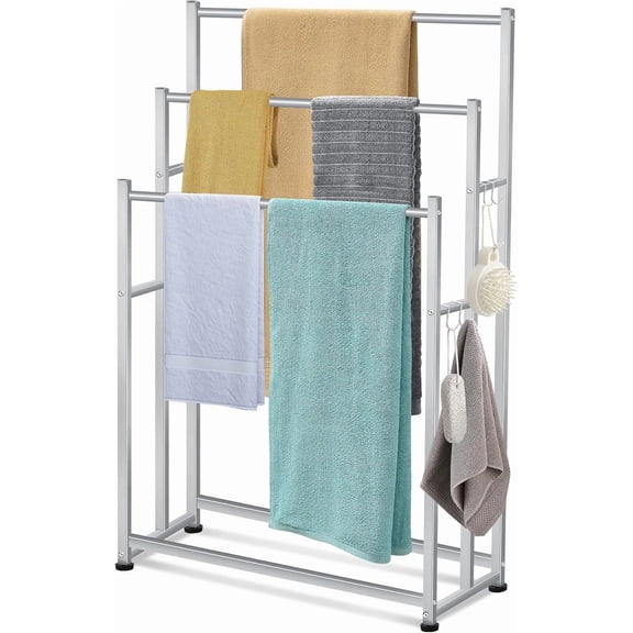 47.6 Inch Tall Free Standing Towel Racks 3 Tier Pool Towel Rack Outdoor Oversized Floor Bath Towel Drying Valet Holder Blanket Quilt Rack Stand for Bathroom Bedroom Beach Hot Tub Gym Pool Area