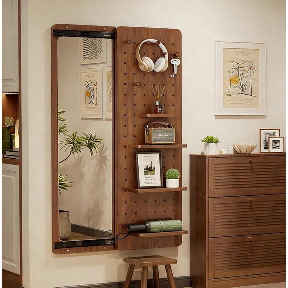 47.6” Length Wall Mounted Mirror with Shelf, Entryway Mirror with Hooks & Multifunctional Design Panel Pegboard, for Bedroom, Living Room, Dressing Room (Walnut)
