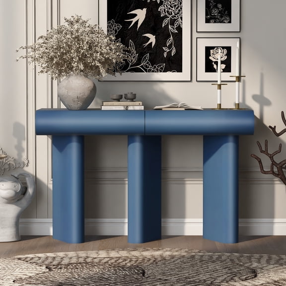 47.6" Modern Painted Entryway Table with 2 Curved Drawers, Space-Saving Hallway Table with Geometric Legs, Contemporary Narrow Sofa Table for Living Room/Bedroom/Small Apartments/Foyer (Blue)