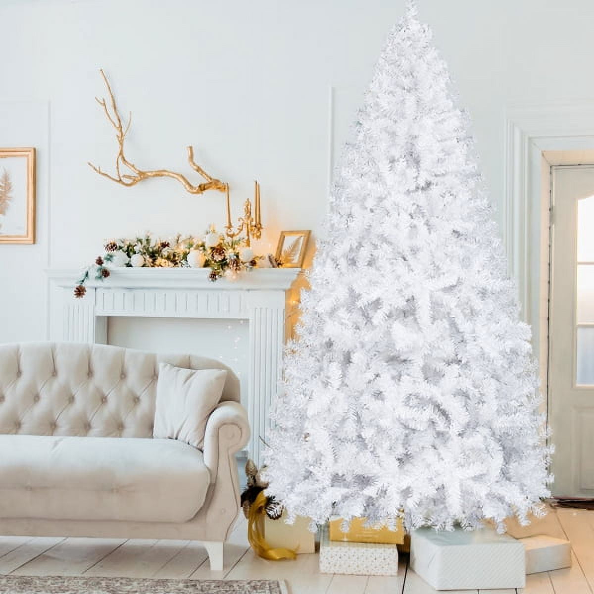 7FT White Christmas Tree with Iron Leg Stand - 1349 Branches High Density PVC, Modern Artificial Xmas Tree for Holiday Home Decor