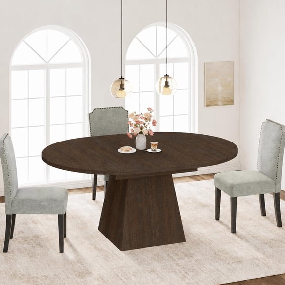 47"-63" Expandable Oval Dining Table – Round Kitchen Table with Hidden Leaf & Storage Shelf – Sturdy Metal Legs for 4-6 People, Space-Saving Design