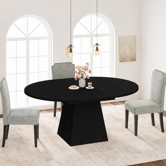 47"-63" Expandable Oval Dining Table – Round Kitchen Table with Hidden Leaf & Storage Shelf – Sturdy Metal Legs for 4-6 People, Space-Saving Design