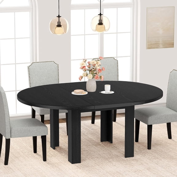 47''-63'' Expandable Round Dining Table for 4-6 People, Farmhouse Space Saving Oval Kitchen Table with Built-in Leaf Storage