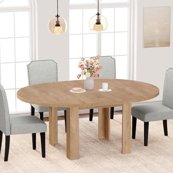 47''-63'' Expandable Round Dining Table for 4-6 People, Farmhouse Space Saving Oval Kitchen Table with Built-in Leaf Storage