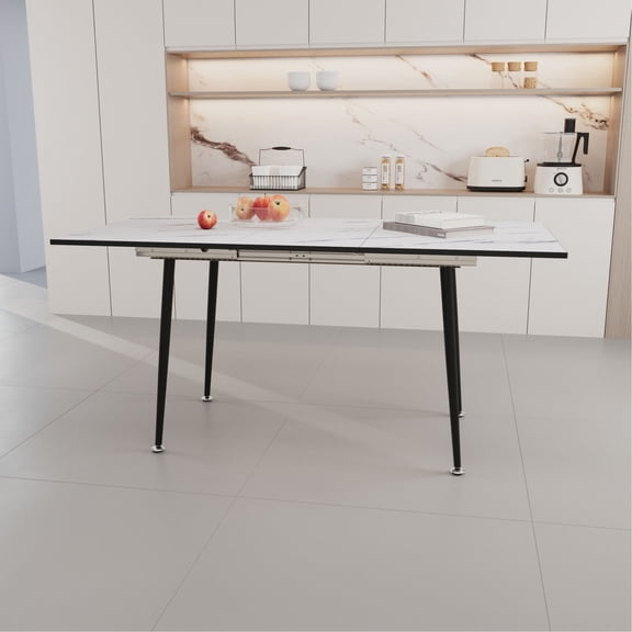 47 - 63" Expandable White MDF Marble Dining Table with Sturdy Legs / Comfortable for 2 - 6 People
