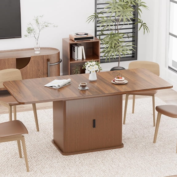 47″–63″ Extendable Dining Table for 4–6,Rectangle Kitchen Table with Storage,Mid Century Modern Expandable Dinner Table with Fluted Sliding Door,Space Saving Table for Dining Living Room Kitchen