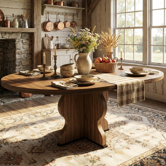 47"-63" Extendable Round Dining Room Table for 4-8, Farmhouse Expandable Wood Kitchen Table w/ Wider Leg, Sturdy Metal Frame, Oval Circle, for Dinner, Kitchen, Apartment, Space Save, Walnut