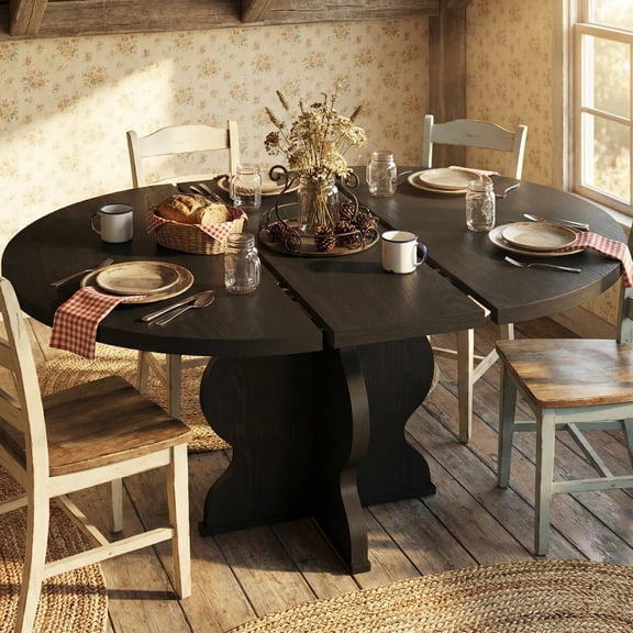 47"-63" Extendable Round Dining Room Table for 4-8, Farmhouse Wood Kitchen Table w/ Wider Leg, Sturdy Metal Frame, Oval Circle, for Dinner, Kitchen, Apartment, Space Save, Retro Black