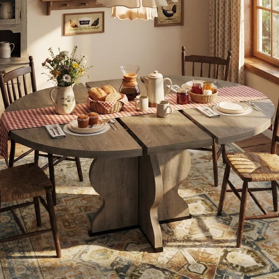 47"-63" Extendable Round Dining RoomTable for 4-8, Farmhouse Wood Expandable Kitchen Table w/Wider Leg, Sturdy Metal Frame, Oval Circle, for Dinner, Kitchen, Apartment, Space Save