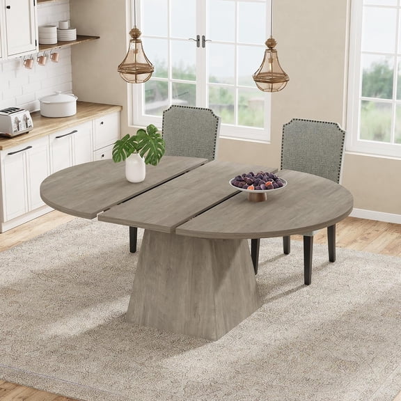 47"-63" Extendable Round Dining Table for 4-6, Circle Kitchen Table with Thickened Tabletop, Modern Dining Room Tables with Square Pedestal Base, Dinner Tables for Kitchen (Table Only)