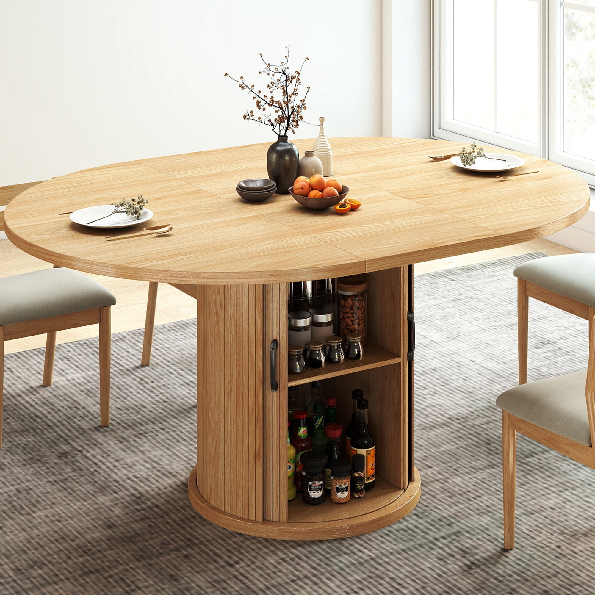 47" - 63" Extendable Round Dining Table for 4 to 8, 2-Tier Storage Shelf, Modern Expandable Wood Kitchen Table with Pedestal Base, Space-Saving Oval Design