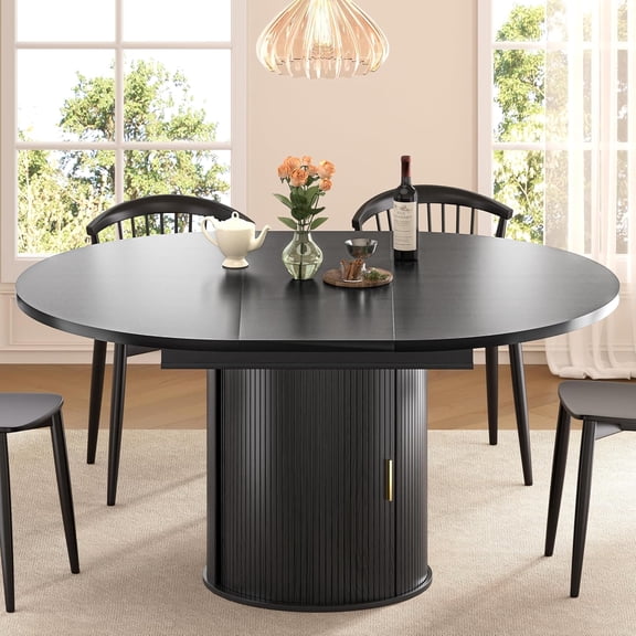 47"-63" Extendable Round Dining Table for 4–8 with Storage, Mid Century Modern Farmhouse Wood Oval Dinner Table with Pedestal Base for Kitchen, Living Room (Black)