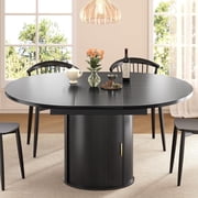 47"-63" Extendable Round Dining Table for 4 8 with Storage, Mid Century Modern Farmhouse Wood Oval Dinner Table with Pedestal Base for Kitchen, Living Room Black