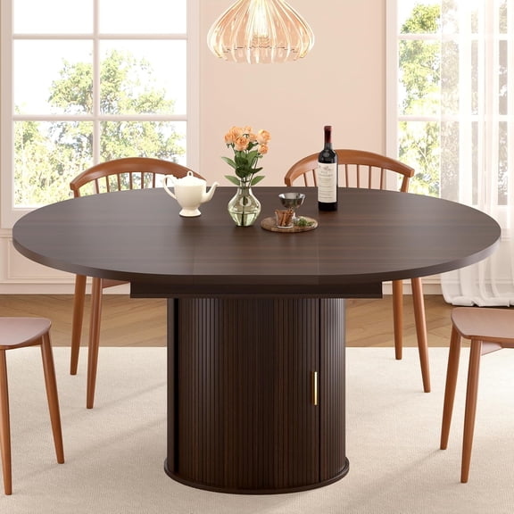 47"-63" Extendable Round Dining Table for 4–8 with Storage, Mid Century Modern Farmhouse Wood Oval Dinner Table with Pedestal Base for Kitchen, Living Room (Coffee Brown)