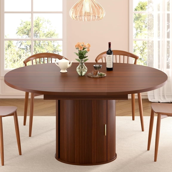 47"-63" Extendable Round Dining Table for 4–8 with Storage, Mid Century Modern Farmhouse Wood Oval Dinner Table with Pedestal Base for Kitchen, Living Room (Walnut)