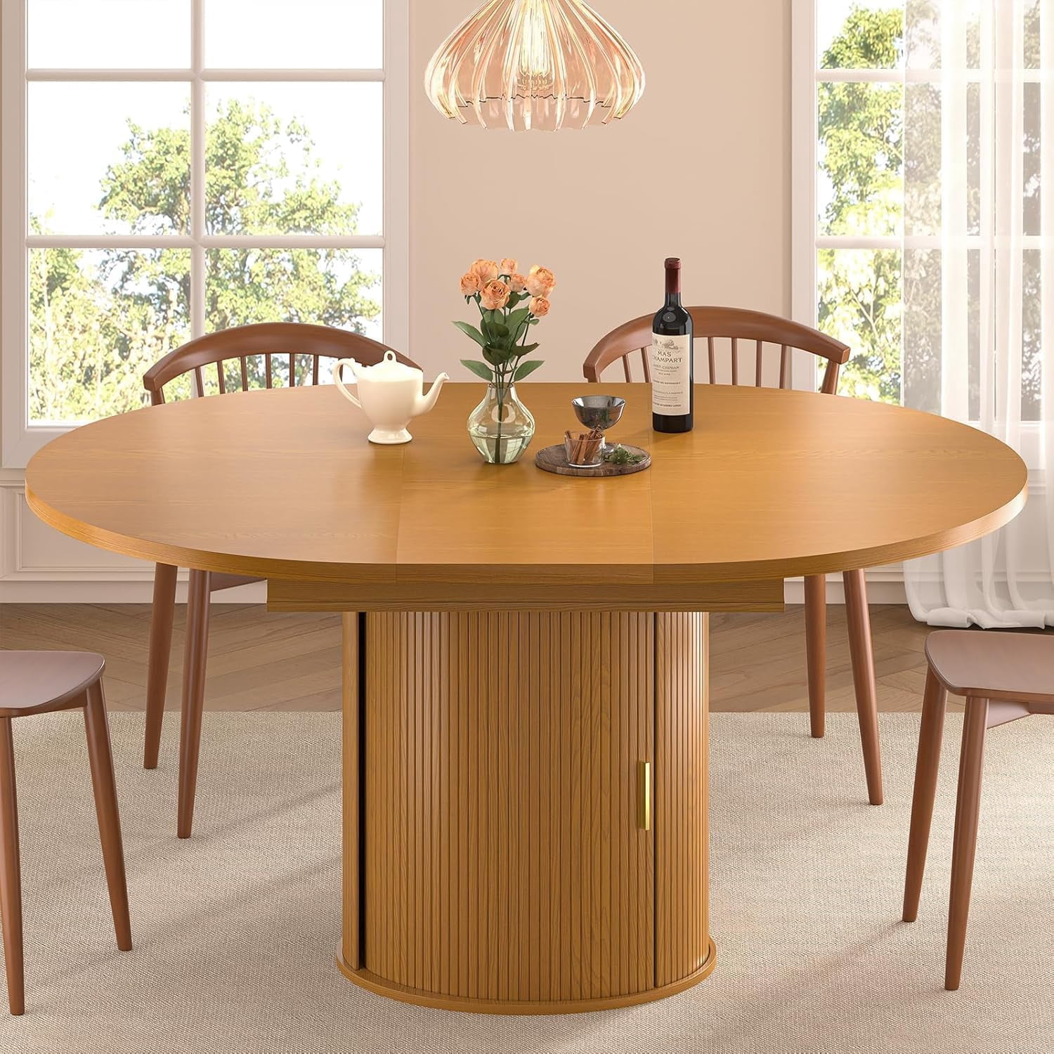 47"-63" Extendable Round Dining Table for 4–8 with Storage, Mid Century Modern Farmhouse Wood Oval Dinner Table with Pedestal Base for Kitchen, Living Room, Yellow Walnut