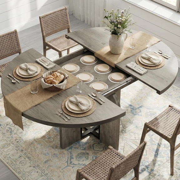 47"-63" Extendable Round Dining Table for 4-8, Farmhouse Wood Expandable Kitchen Table with Metal Frame, Oval Space Saving for Apartment, Retro Gray