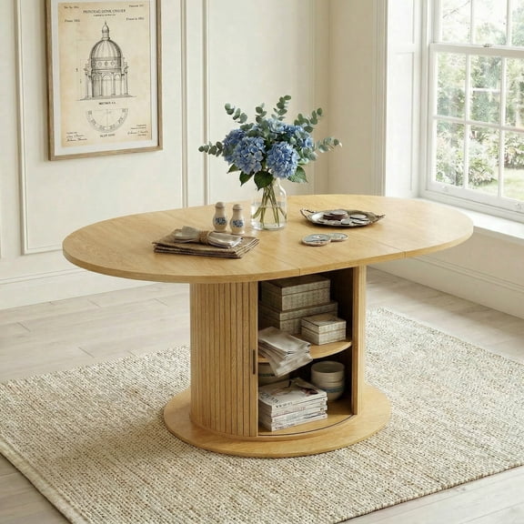 47" to 63" Extendable Round to Oval Dining Table, Storage Pedestal Base, 2 Removable Leaves, Wood Grain Finish, Seats 4-8, Modern Farmhouse Style for Kitchen