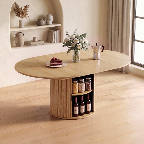 AFO 47″- 63″ Extendable Round Dining Table for 4-6, Wood Kitchen Table with Hidden Storage, Adjustable Size Oval Circle Dinner Tables for Dining Room, Kitchen & Small Space, Natural Wood