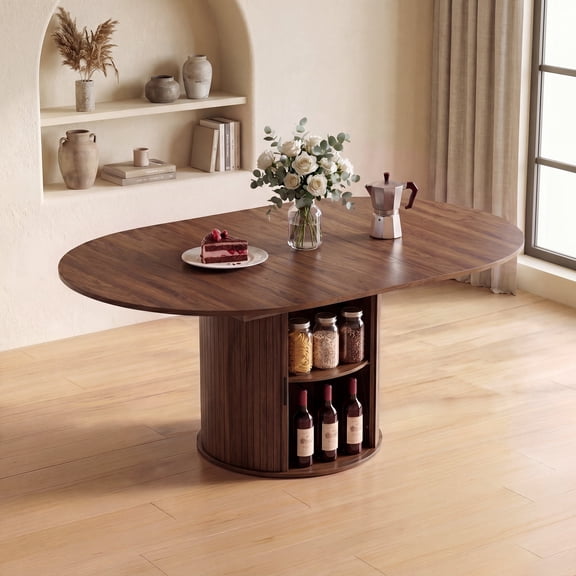AFO 47″- 63″ Extendable Round Dining Table for 4-6, Wood Kitchen Table with Hidden Storage, Adjustable Size Oval Circle Dinner Tables for Dining Room, Kitchen & Small Space, Walnut
