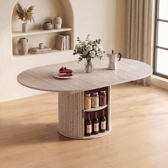 47"-63"Extendable Wooden Round Dining Table for 4-6 with Storage, Modern Farmhouse Kitchen Table for Dining Room and Small Space, White