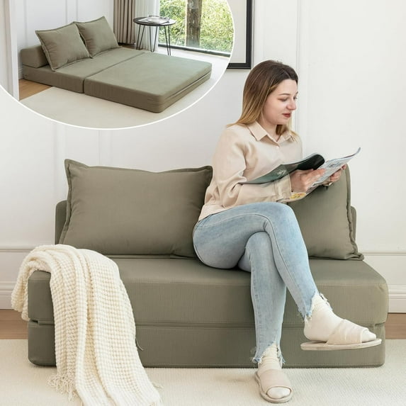 47.63''Folding Sofa Bed, 4 in 1 Convertible Fold Out Sleeper Chair Bed with 2 Pillows, Corduroy Mattress Pull Out Loveseat Sofa Boneless Couch with Backrest for Living Room, Lounge, Green