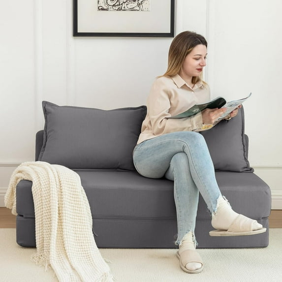 47.63''Folding Sofa Bed, 4 in 1 Convertible Sleeper Chair with 2 Pillows, Corduroy Boneless Sofa Bed High-Density Foam Floor Lazy Pull Out Loveseat Couch for Living Room, Lounge, Grey