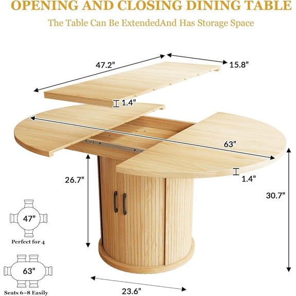 47-63 Inch Extendable Dining Room Table for 4-8, Round to Oval Expandable Kitchen Table with Dust-Proof Shelf, Space-Saving Wood Table for Living Room, Natural Oak