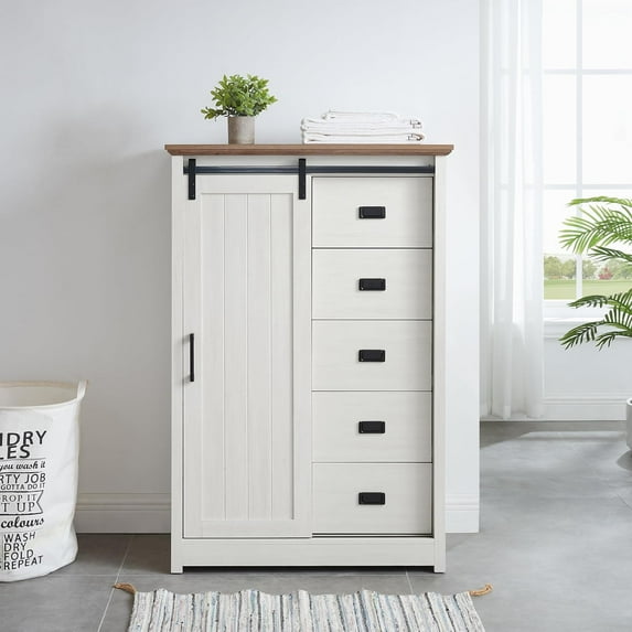 47.64" H Farmhouse 5 Drawers Dresser, Tall Dresser 5 Chest of Drawers with Sliding Barn Door, Wooden Storage Organizer Cabinet Chest of Drawer for Closet for Living Room, Hallway (White)