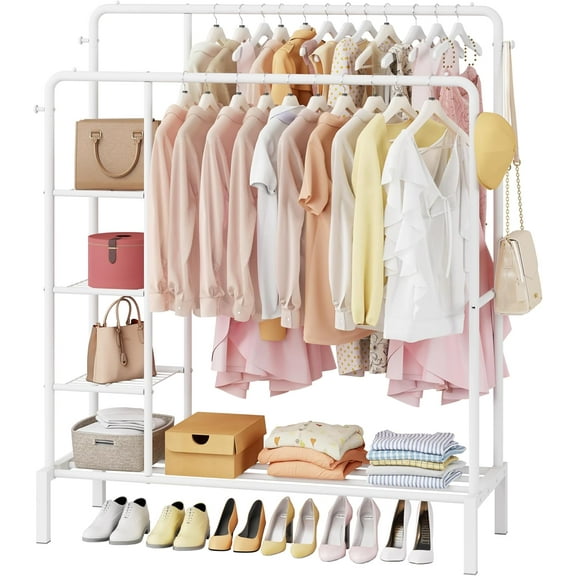 47'' * 65'' Heavy Duty Clothes Rack, Double Rods Clothing Racks for Hanging Clothes, Garment Rack with 4 Tier Closet Shelves & 4 Hooks for Clothing Storage, Metal White Clothing Rack