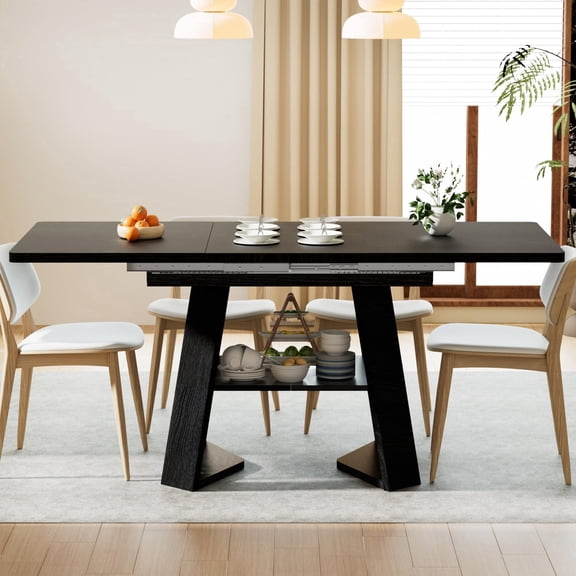 47–67 Inch Extendable Dining Room Table for 4–6, Rectangular Wooden Kitchen Table with Removable Leaves, Storage Shelf, Black