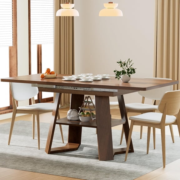 47–67 Inch Extendable Dining Room Table for 4–6, Rectangular Wooden Kitchen Table with Removable Leaves, Storage Shelf, Walnut