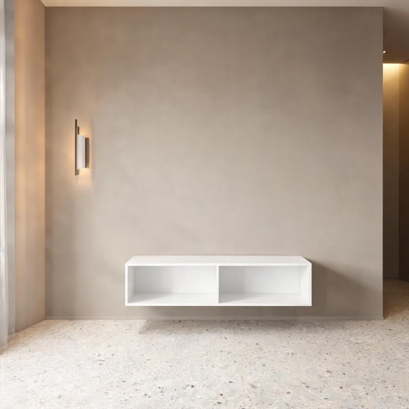 47.7-Inch Wall-Mounted Floating TV Stand, Classic White Particle Board, Integrated Power Outlets, Open Shelves for Living Room