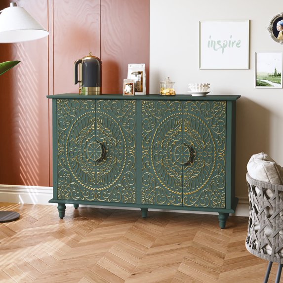 47.7" Wide Ornate Carved Storage Sideboard, with Adjustable Shelves and 4 Carved Doors, Green