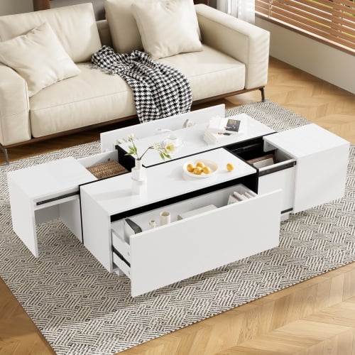 47-73" Extendable Coffee Table, High-Gloss Multi-Functional Table with 2 Drawers & Hidden Compartments for Living Room Storage, White