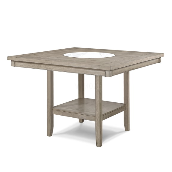 47.8" Square Counter Height Dining Table with Lazy Susan, Faux Marble Top & Storage Shelf, Antique Gray Finish