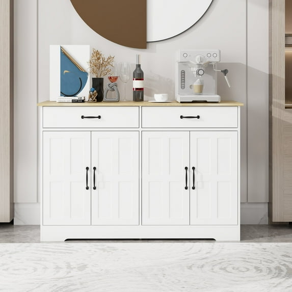 47.95" Farmhouse Buffet Cabinet - White Storage Sideboard with 2 Drawers & 4 Doors for Dining Room, Kitchen & Living Room