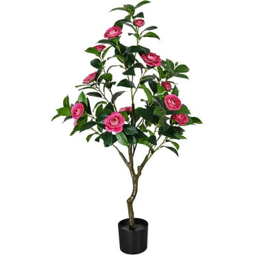 47'' Artificial Camellia Tree, 3.9FT Tall Faux Tree Potted Plants, Artificial Plants Indoor Flower Tree for Home Front Door Outdoor Indoor Decoration (Purplish Red 47 Inch)