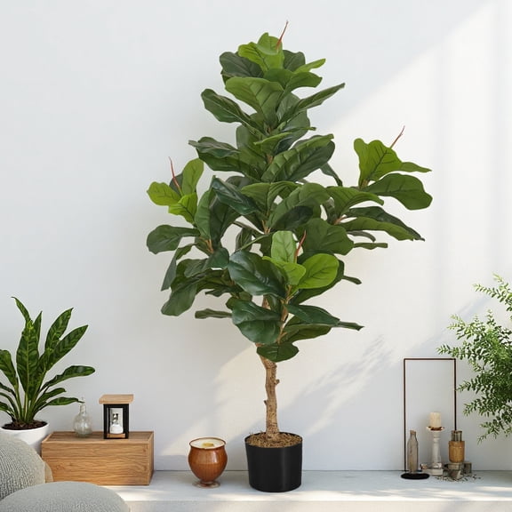 47" Artificial Fiddle Leaf Fig Tree, Lifelike Faux Floor Plant with Real Touch Leaves, for Home Office Apartment