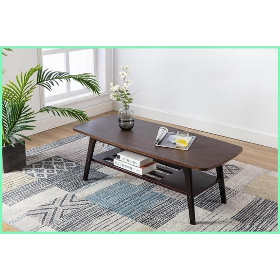 47 Bahamas Espresso Coffee Table with Solid Wood Flared Legs .78 Thick Top & Open Lower Shelf for Living Room