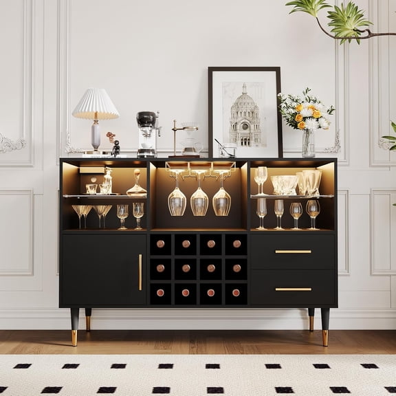 47 in Bar Cabinet with LED Lights & Charging Station, Modern Sideboard Buffet Cabinet with Storage Drawers, Wine Rack & Doors, Coffee Bar Table for Living Room, Dining Room, Home- Black