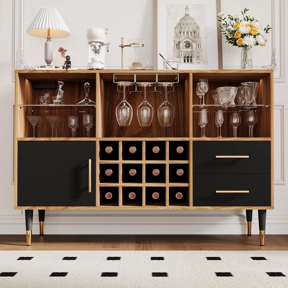 47" Modern Bar Cabinet with LED Lights & Charging Station, Wine Rack, Storage Drawers & Doors, Sideboard Buffet Table for Living Room & Dining Room, Wood & Black