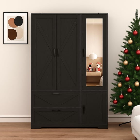47" Black 3-Door Wardrobe with Light, Modern Closet with Large Mirror, 2 Drawers and Geometric Design, Large Storage Armoire for Bedroom
