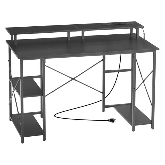 47" Black Gaming Desk with LED Lights & Power Outlets, 2-Tier Storage Shelves and Monitor Stand, Home Office Computer Workstation for Study