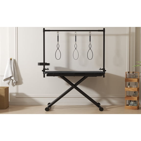 47 Black Large Dog Grooming Table X-Lift Foldable Grooming Table for Dogs at Home Adjustable Height Arms Pet Station with Nooses, Tool Organizer