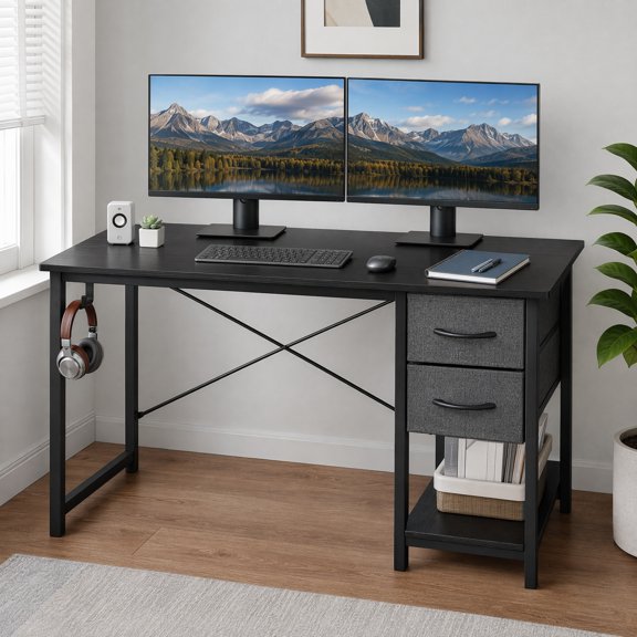 47" Black Modern Wooden Computer Desk, X-Structure Reinforced Writing Table with Adjustable