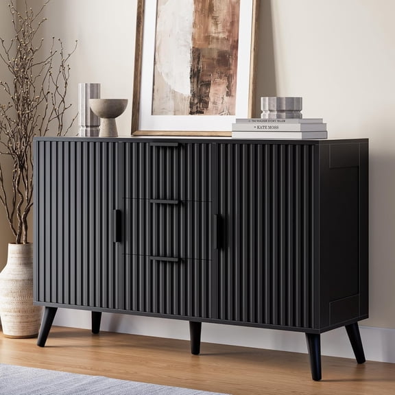 47" Black Sideboard Buffet Cabinet with 3 Drawers, Fluted Modern Buffet Cabinet with Storage, 2 Doors Sideboard Cabinets Accent Credenza for Dining Room, Living Room, Entryway